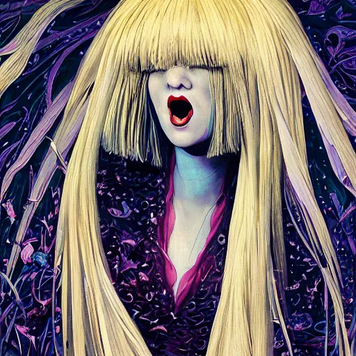 Image similar to portrait of crazy screaming beautiful singer sia kate isobelle furler, big ribbon, ymmetrical, by yoichi hatakenaka, masamune shirow, josan gonzales and dan mumford, ayami kojima, takato yamamoto, barclay shaw, karol bak, yukito kishiro