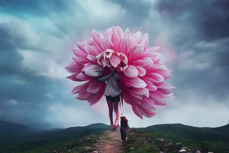 Prompt: giant dahlia flower crown under head, girl walking on mountain, surreal photography, pink storm clouds, dramatic light, impressionist painting, digital painting, artstation, simon stalenhag