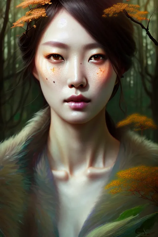 Image similar to beautiful digital painting of a hoyeon jung stylish female forest with high detail, real life skin, freckles, 8 k, stunning detail, works by artgerm, greg rutkowski and alphonse mucha, unreal engine 5, 4 k uhd