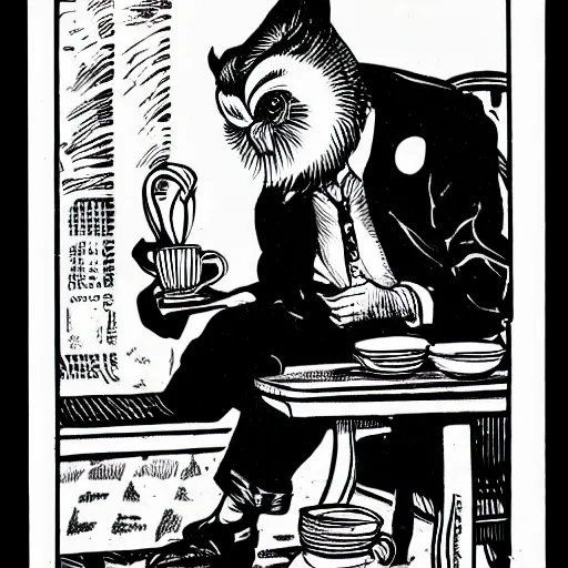 Image similar to black and white comic of a man with the head of an owl, holding a mug of coffee