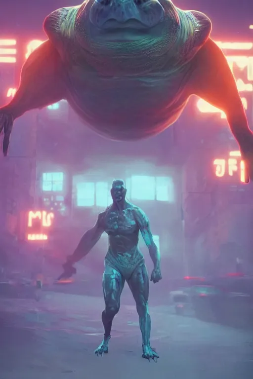 Image similar to muscular turtle man, slimy turtle man, ultra realistic digital art, character design, neon futuristic, character art by Greg Rutkowski, 4k, cinematic main character shot, volumetric lighting, full body shot, portrait