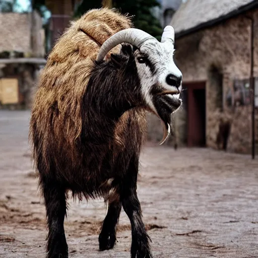 Image similar to horror, huge, vicious goat mutant monster with short blunt horns, mouth yawning wide, crocodile - like teeth, filthy matted fur, in muddy medieval village square