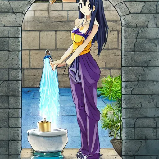 Image similar to an anime waifu in a greek attire pouring water out of a vase into a fountain, spanish alleyway