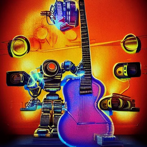 Image similar to tshirt print of a 3 dieselpunk robots playing guitar, text robos rock, 8 k, flourescent colors, halluzinogenic, multicolored, exaggerated detailed, front shot, 3 d render, octane