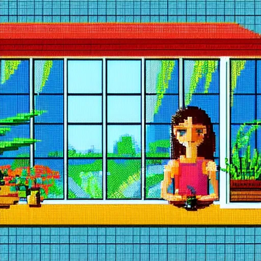 Image similar to a thin, pretty young Filipino girl sits in the window of a Cafe with an espresso, golden morning light, tropical plants, amazing 16 bit pixel art, 6 colors, artstation