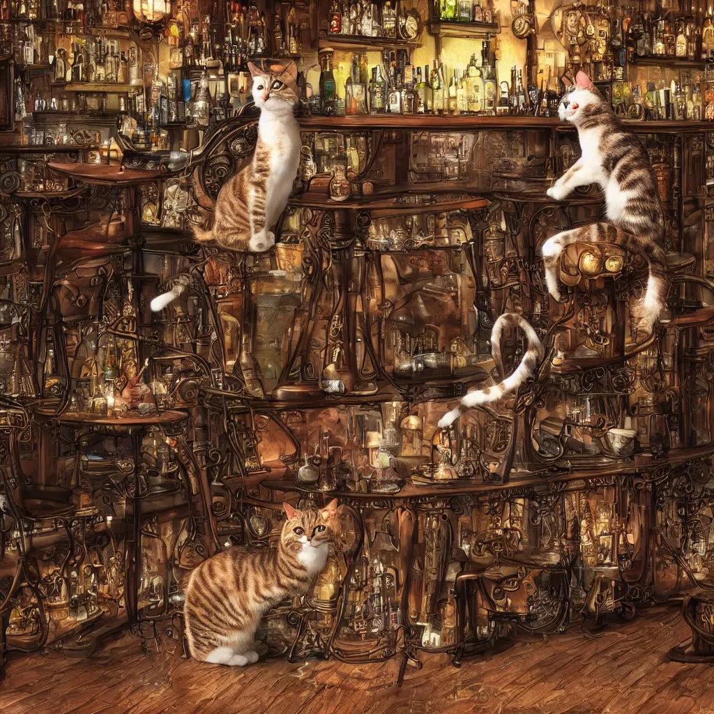 Image similar to photorealistic, steampunk, a single cat sitting at a bar