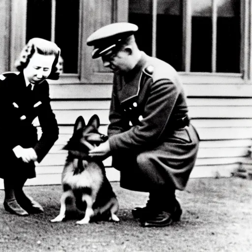 Image similar to ultra wide 1 9 4 6 blurry historical photo of a single german general kneeling, a young queen elizabeth and her brown and white corgi watch him, french village exterior, highly detailed, sharp focus