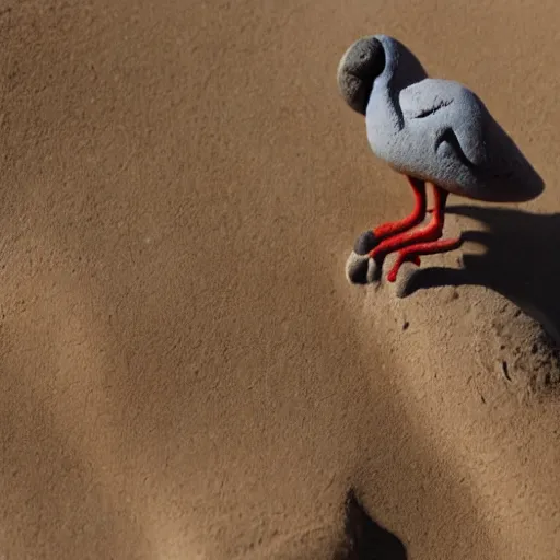 Image similar to claymation of bird in the desert, clay, beautiful close up