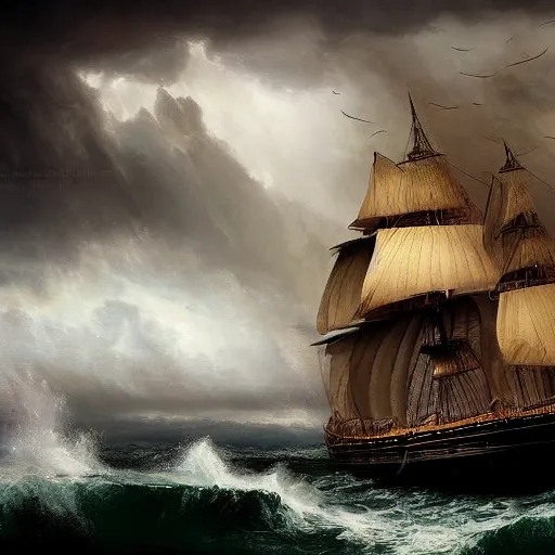 Image similar to the black pearl sailing through a thunderstorm, artstation hall of fame gallery, editors choice, #1 digital painting of all time, most beautiful image ever created, emotionally evocative, greatest art ever made, lifetime achievement magnum opus masterpiece, the most amazing breathtaking image with the deepest message ever painted, a thing of beauty beyond imagination or words
