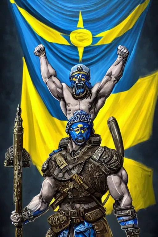 Prompt: a distant shot of a Ukrainian super soldier with blue and yellow flag behind him and a trident symbol on the chest standing alone on a huge pile of skulls posing as a winner, masculine muscular figure, D&D, fantasy, intricate, elegant, highly detailed, extremely detailed, digital painting, artstation, concept art, matte, smooth, sharp focus, illustration, art by Artgerm and Greg Rutkowski and Alphonse Mucha