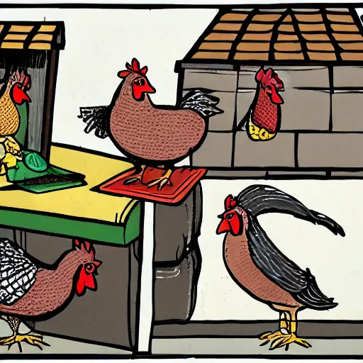 Prompt: a social gathering of gangster chickens and pigeons
