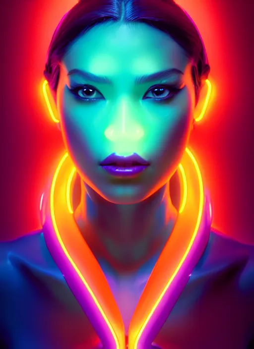 Image similar to beautiful neon woman, by greg rutkowski, symmetry, concept art by artgerm, distance render portrait of a hyper realistic, pixar, intense, epic, powerfull, alphonse mucha, octane render, highly detailed, high quality, 8 k, soft lighting, path traced, and uang guangjian and gil elvgren, symmetry!!