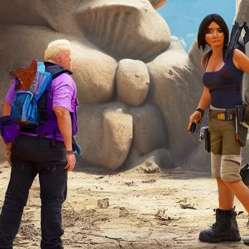 Image similar to still from the movie with Dora the Explorer (played by Lara Croft) and Guy Fieri (played by Anthony Hopkins), award-winning cinematography, 4k