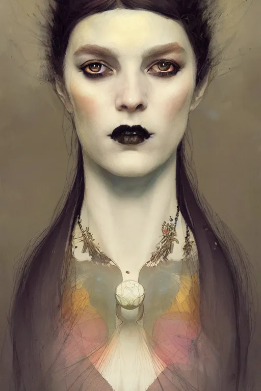 Image similar to of beautiful goth female, beauty portrait by greg rutkowski, hilma af klint, moebius, victo ngai, sharp focus, global illumination, highly detailed, masterpiece, award winning, post processing