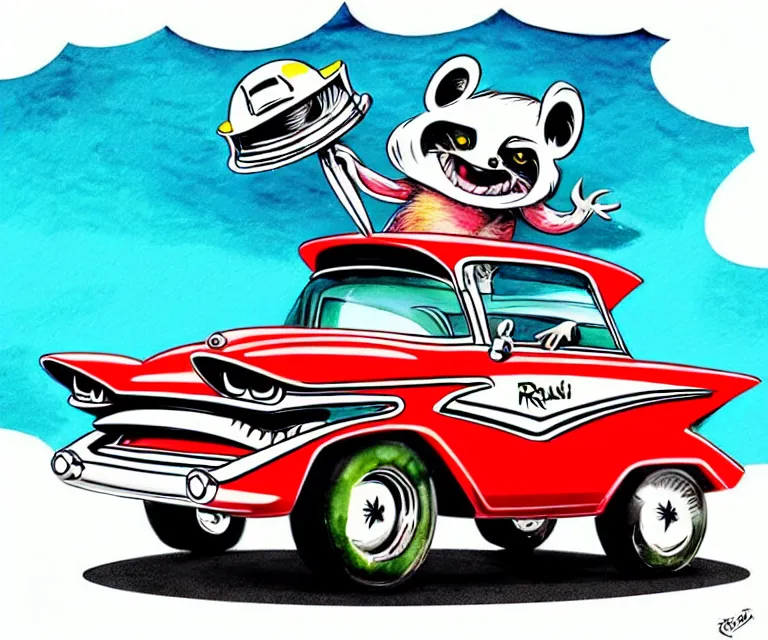 Image similar to cute and funny, racoon wearing a helmet riding in a tiny 1 9 5 7 chevy coupe, ratfink style by ed roth, centered award winning watercolor pen illustration, isometric illustration by chihiro iwasaki, edited by range murata