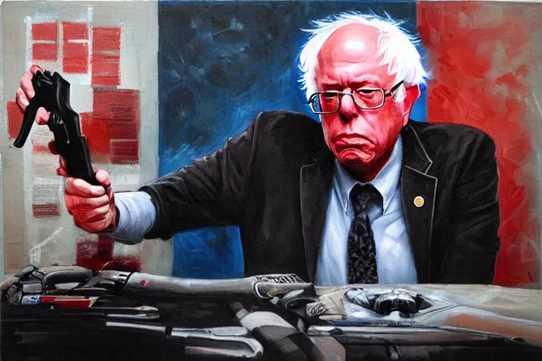 Prompt: Bernie Sanders as gangsta rapper, drinking cough syrup, carrying an Uzi, oil on canvas, artstation, portrait, masterpiece, aesthetic