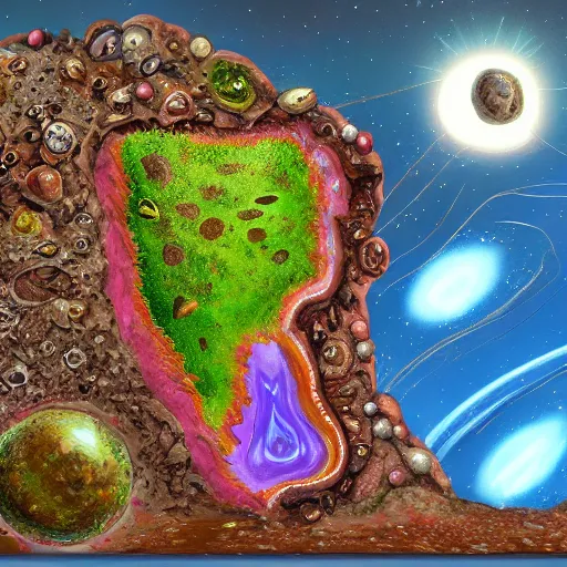 Prompt: a side profile of planet earths soil and rock layers, with hidden bones, gems and treasures, hidden alien artifacts, digital painting