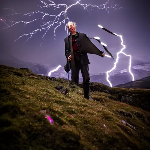 Image similar to Jonas Gahr Støre powering Norwegian village by shooting lightning out of his hands, glowing eye