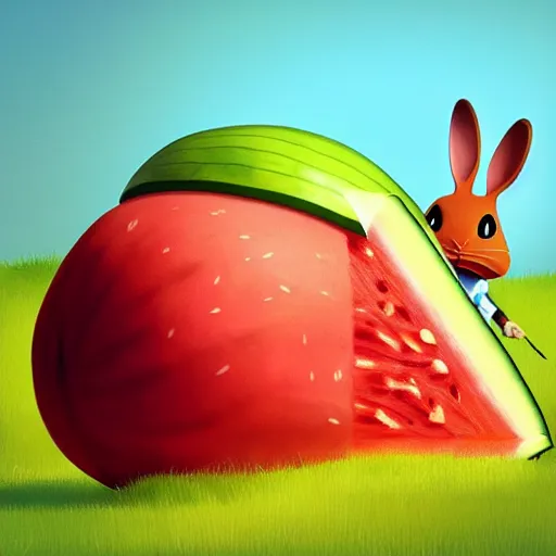 Image similar to Goro Fujita illustrating a rabbit eating a giant watermelon, art by Goro Fujita, sharp focus, highly detailed, ArtStation