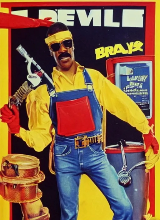 Prompt: an 8 0's john alvin action movie poster starring eddie murphy face as a plumber to rich people. bathroom. sunglasses. overalls. tool belt. plunger. yellow rubber gloves toliet the movie is called beverly hills crap