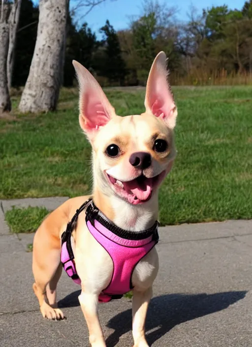 Image similar to fully grown tan pit bull, long - haired chihuahua, pomeranian mix, wearing a pink harness
