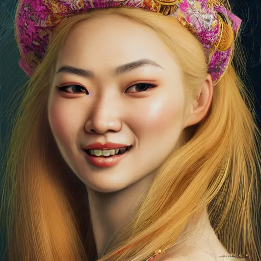 Image similar to a totally amazed smiling pretty asian girl with blonde hair, fully covering intricate detailed bohemian outfit, long loose blonde hair, precise linework, accurate brown eyes, small nose, beautiful smooth oval head, expressive emotions, hyper realistic ultrafine portrait by artemisia gentileschi, jessica rossier, greg rutkowski, artgerm