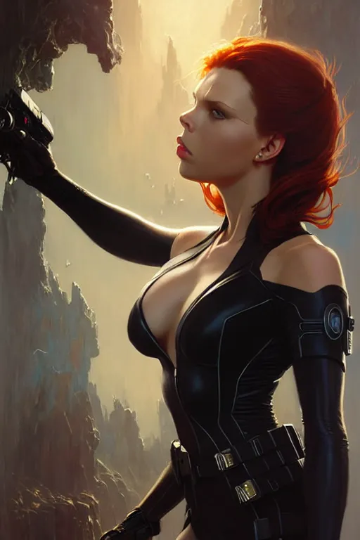 Image similar to aeon flux as black widow profile picture by Greg Rutkowski, matte painting, intricate, fantasy concept art, elegant, by Stanley Artgerm Lau, golden ratio, thomas kindkade, alphonse mucha, loish, norman Rockwell,