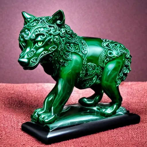 Prompt: transparent dark green jade sculpture of a wolf with intricate carving.