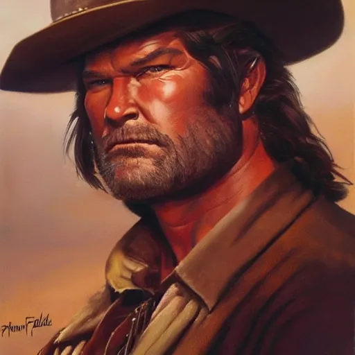 Image similar to ultra realistic portrait painting of kurt russel as a western outlaw, art by frank frazetta, 4 k, ultra realistic, highly detailed, epic lighting