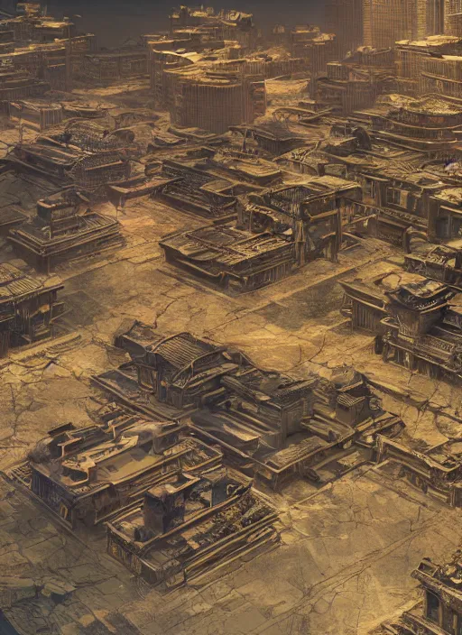 Prompt: cyberpunk ancient chinese city, wasteland style, space art, cgsociety, 8 k hd, rendered in maya, vary tracing