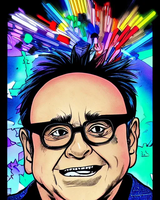 Image similar to Digital color pen drawing of Danny DeVito from JoJo\'s Bizzare Adventure, highly detailed, sharp focus, screentone shading, 1990 manga panel, trending on ArtStation, manga cover art drawn by Hirohiko Araki