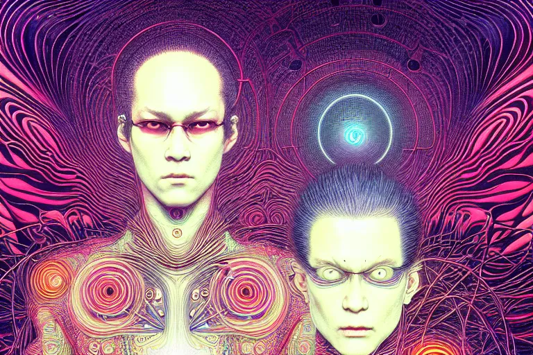 Image similar to realistic detailed image of being plugged into the matrix, conjuring psychedelic background, part by takato yamamoto, part by alex gray, ross tran, james jean, ultra realistic, octane render, highly detailed, 8 k, trending on artstation, cosmic, symmetry, masterpiece