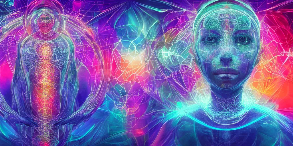 Image similar to transcendence into collaborative intelligence, endless collaboration with ai, connectedness, body, by alex grey, album cover, award winning, beautiful, colorful, volumetric lighting, trending on artstation, cinematic