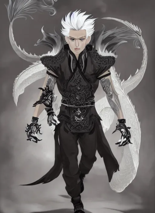 Prompt: a highly detailed illustration of fierce white haired asian man with short white hair parted down middle, wearing white kimono with black shirt, with dragon tatto, with black sclera eyes, heroically battle posing, muscular, intricate, elegant, highly detailed, centered, digital painting, artstation, concept art, smooth, sharp focus, league of legends concept art, WLOP