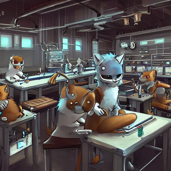 Image similar to highly detailed weapons laboratory, clean and organized, quantum technology, with anthropomorphic furry researchers, tables, parts, windows, sci fi, Extremely detailed digital art, furry art, furaffinity, DeviantArt, HD artstation