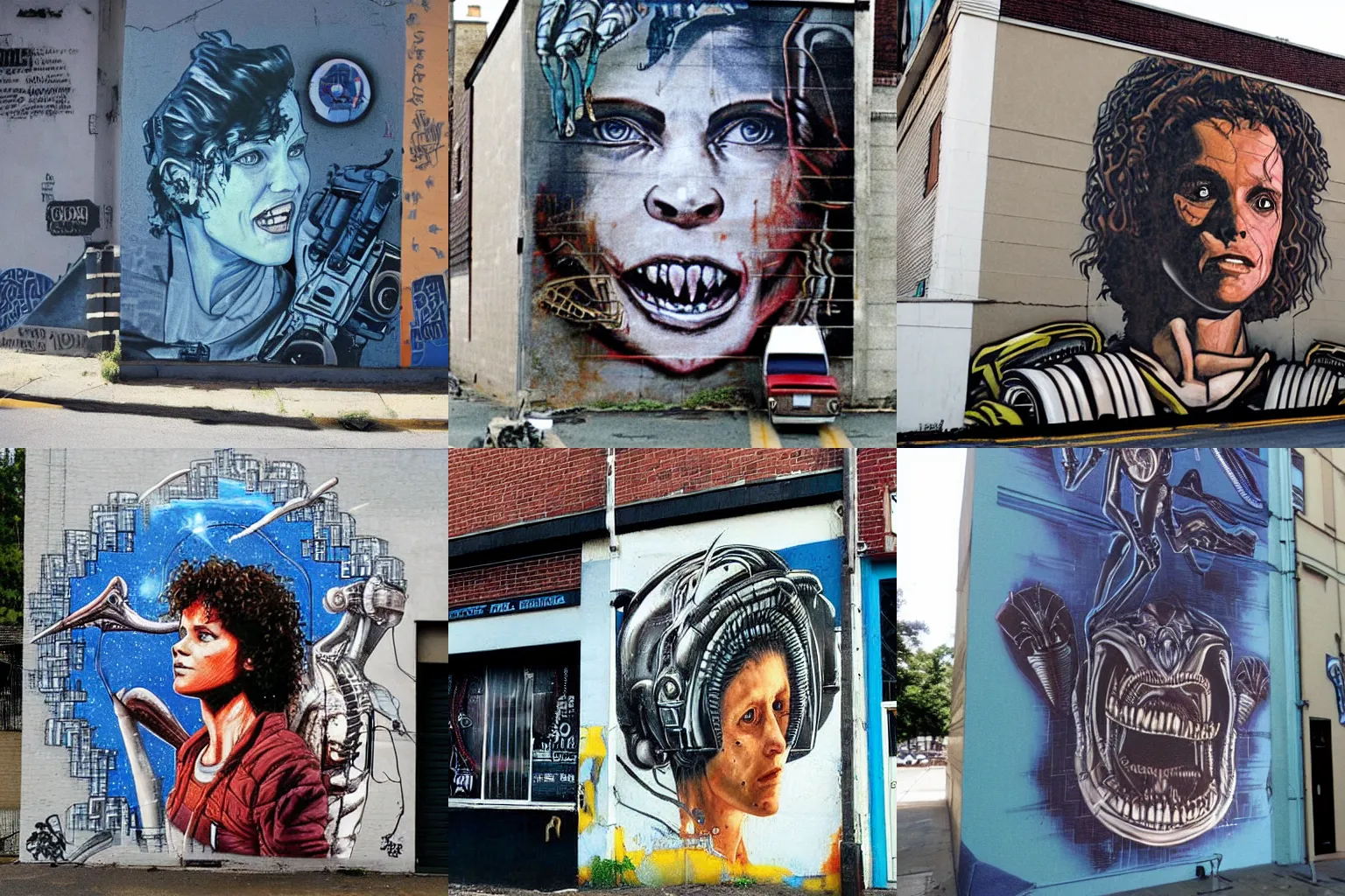 Prompt: street art mural of Ripley from the 1986 film Aliens