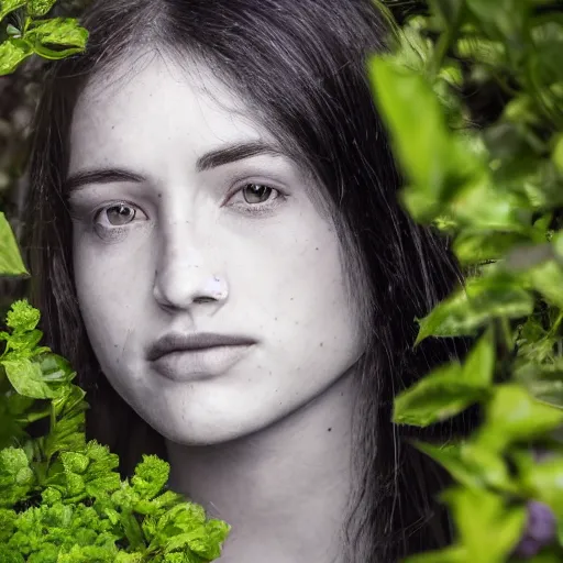 Prompt: ultraviolet spectrum portrait of a young woman in the garden, facial closeup, Ultra-Achromatic-Takumar 85mm F4.5, Baader U Venus filter, iso 800, f/4.5