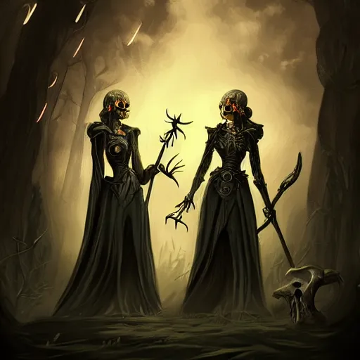 Prompt: a tarot card of a two female necromancers, raising skeletons, ominous nighttime storm, fantasy, d & d, intricate, elegant, highly detailed, digital painting, artstation, concept art, matte, sharp focus, illustration, art in the style of disney