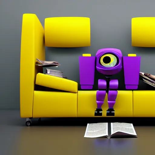 Prompt: futuristic studious matte yellow and red and chrome full-body humanoid robot with two huge round expressive sad purple glowing LED eyes and open rectangular mouth sitting on a large comfortable cushioned 1950s vintage recliner reading a newspaper. open newspaper. Cinematic Movie Photograph, Arri Alexa, Extremely Detailed, smooth, very very clean, 8K, octane render, maya render, unreal engine, trending on artstation, DSLR, excellent composition, center frame