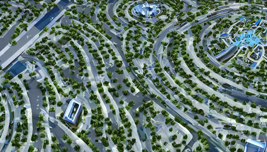 Image similar to roundabout green city with streets, blue buildings, water, highways, stadium, airport, hyperdetailed, artstation, cgsociety, 8 k