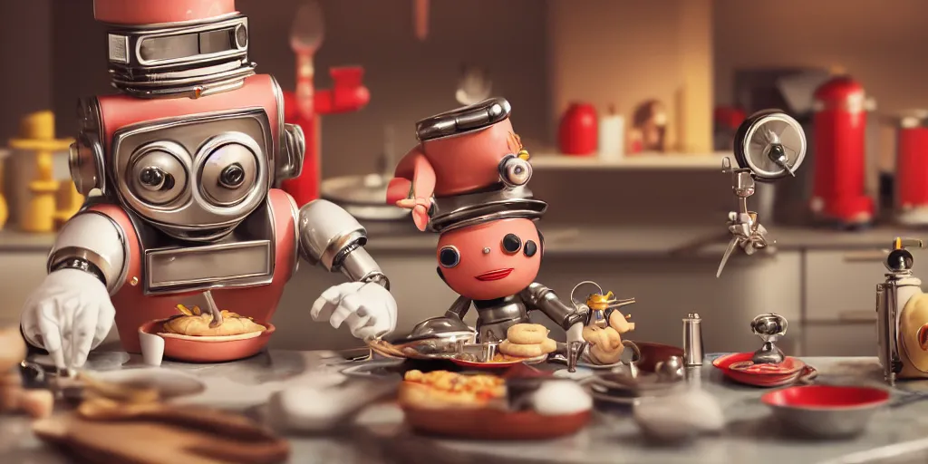 Image similar to closeup portrait of tin toy retro robot chef cooking pastry in a kitchen, depth of field, zeiss lens, detailed, centered, fashion photoshoot, by nicoletta ceccoli, mark ryden, lostfish, breathtaking, 8 k resolution, extremely detailed, beautiful, establishing shot, artistic, hyperrealistic, octane render