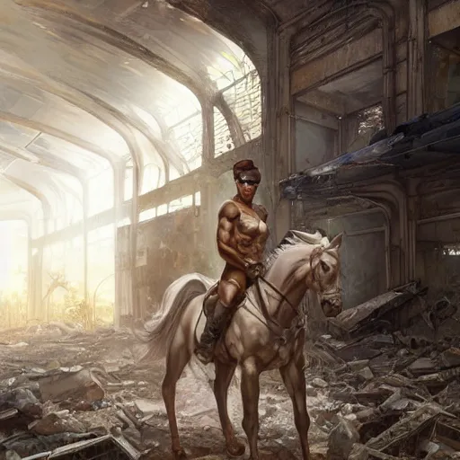 Image similar to a hyper - muscular anthropomorphized horse wearing a tactical bodysuit standing in the ruins of a facility, equine, highly detailed, digital painting, artstation, sharp focus, concept art, illustration, art by artgerm, greg rutkowski, alphonse mucha