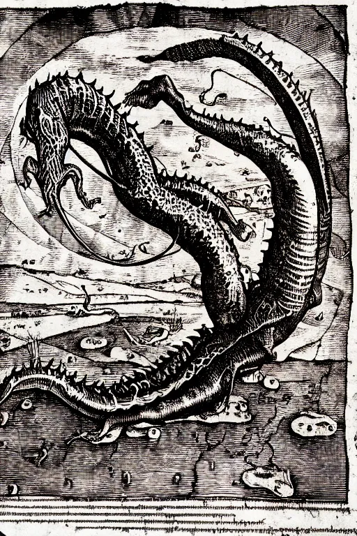 Image similar to ogopogo monster of the apocalypse, pen and ink illustration / renaissance woodcut by albrecht durer 1 4 9 6, 1 2 0 0 dpi scan, ultrasharp detail, hq scan, intricate details, stylized border