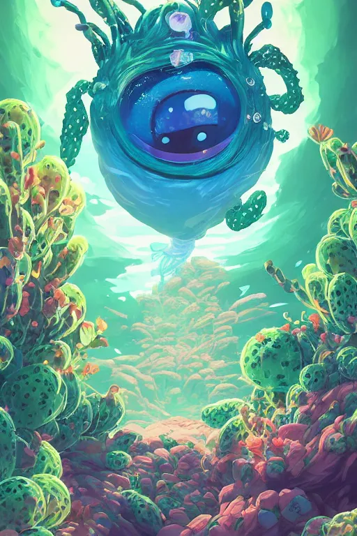 Image similar to roots cactus sushi cristal smurf ghost creature animal sushi cristal very big eye roots cactus elemental flush of force nature micro world fluo fishscale, behance hd by jesper ejsing, by rhads, makoto shinkai and lois van baarle, ilya kuvshinov, rossdraws radiating a glowing aura global illumination ray tracing hdr