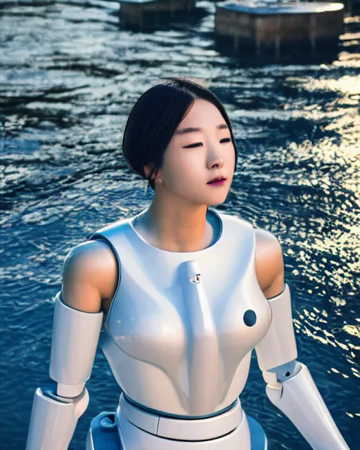Image similar to beautiful centered photo portrait of hoyeon jung as a solarpunk robotic humanoid with white mechanical parts with bright halogen lights, treading on calm water, reflection on water, ultra - realistic and detailed, sun lit, white background, bokeh, soft focus, slow exposure hdr 8 k