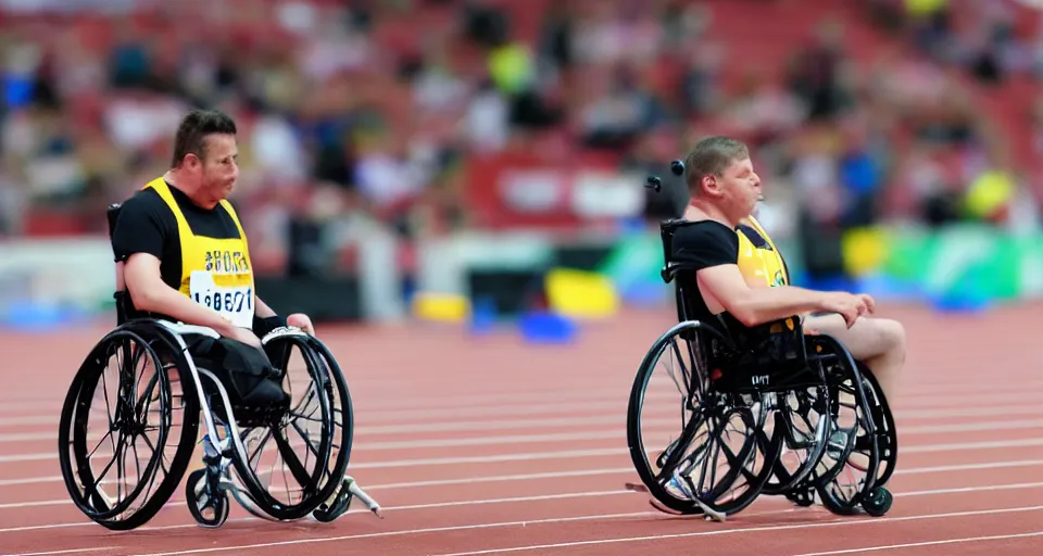 Image similar to man on a wheelchair competing in the 1 0 0 meter dash