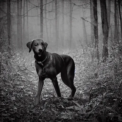 Image similar to yellow dog man scary monster pointy rusty trailcam footage, liminal, black and white, uncanny valley, foggy, creepypasta, scary nightmare fuel