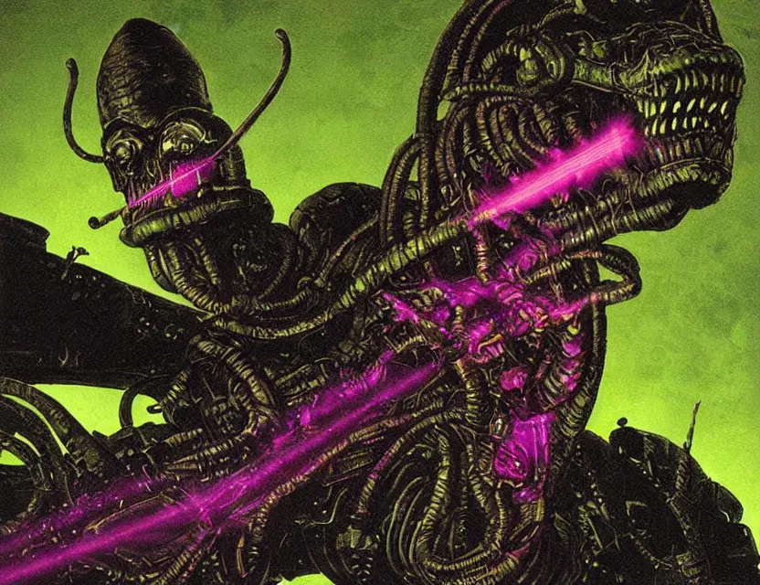 Image similar to a close - up view portrait of a silhouetted supernatural laser snake in brutalist halls with metallic alien technology. close - up view, detailed textures. glowing green purple fog, dark black background. poison skull face, highly detailed fantasy science fiction painting by moebius, norman rockwell, frank frazetta, and syd mead. rich colors, high contrast