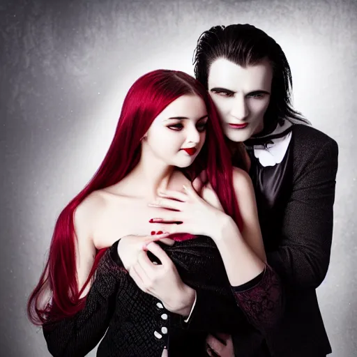 Image similar to handsome vampire holding a beautiful girl, 4 k, professional photograph, romance novel cover