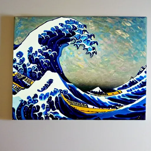 Image similar to a beautiful impasto oil painting of the great wave painted by claude monet!!, impressionism!